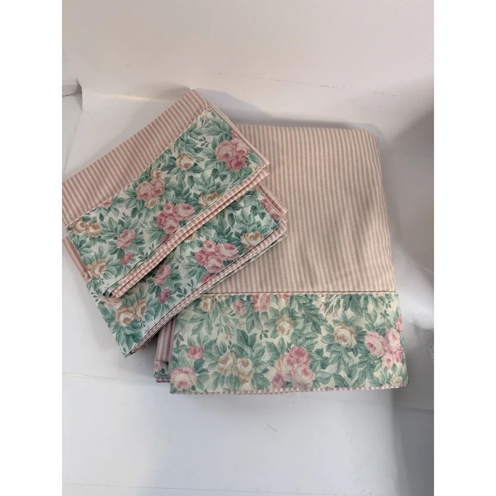 Vtg Westpoint Stevens Queen Flat Sheet w/ 2 Pillowcases Pink Stripe Floral Rose